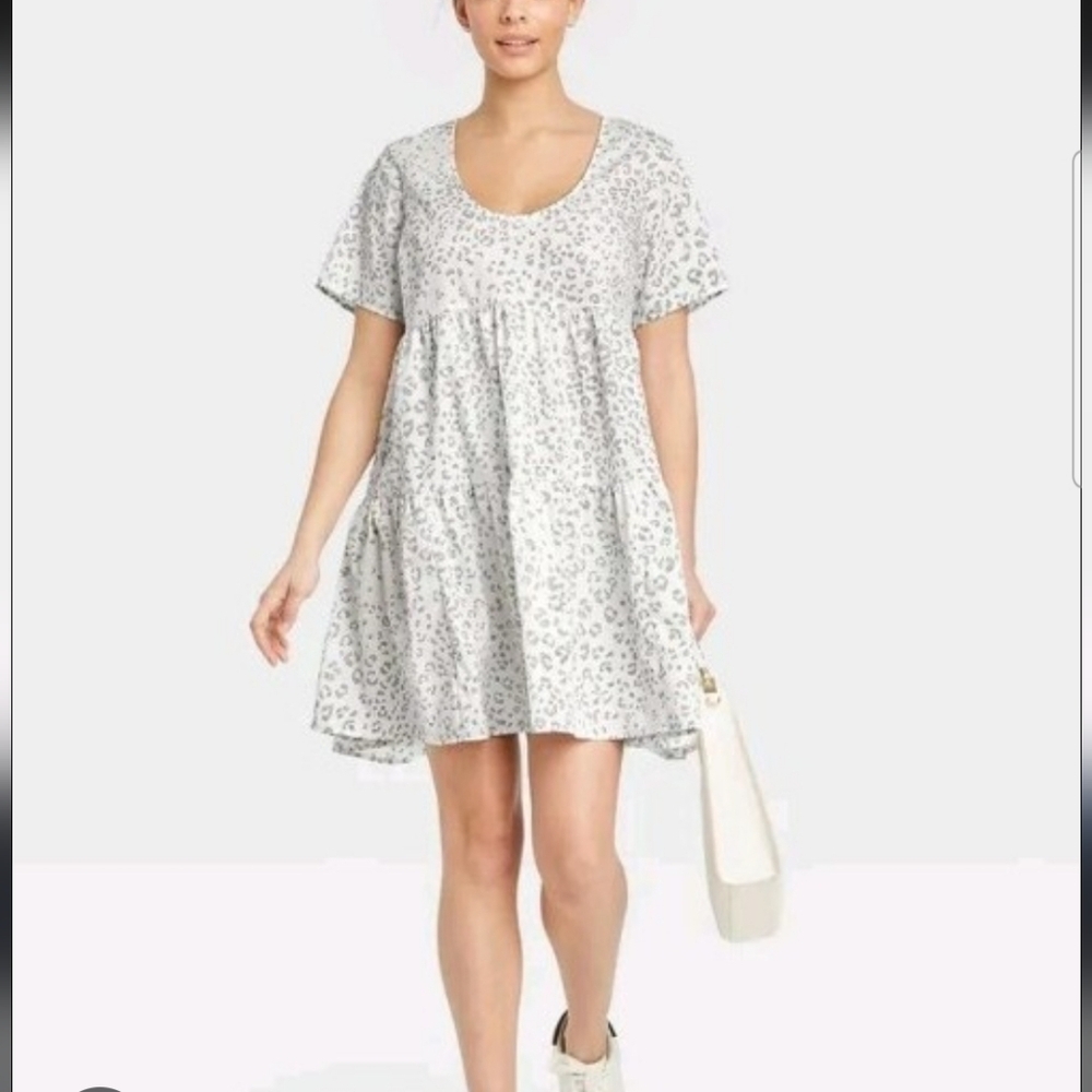 A NEW DAY Peasant Babydoll Dress Animal Leopard Print Tiered, size M